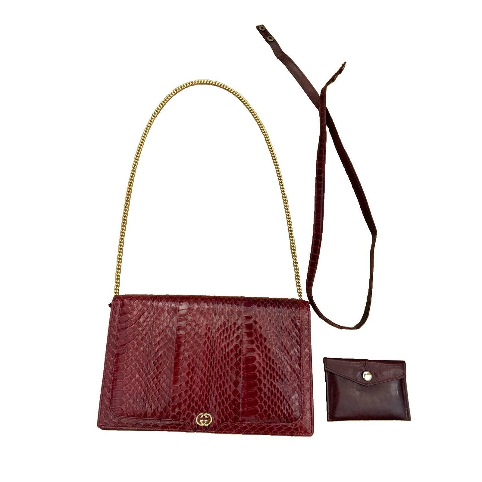 Vtg Burgundy Oxblood Python Snakeskin Flap Bag Gold Gg Hardware Crossbody Purse